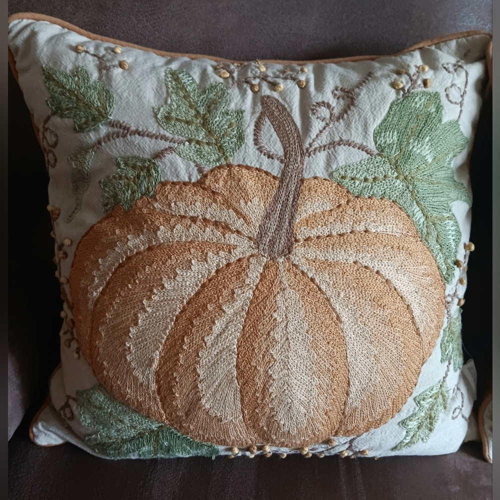 THE FARMHOUSE Rachel Ashwell Embroidered Pumpkin Decorative Pillow 18”x 18”